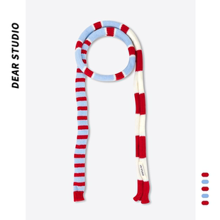 赵昭仪同款红白蓝条纹窄围巾女秋冬季复古拍照穿搭细长条腊肠围脖