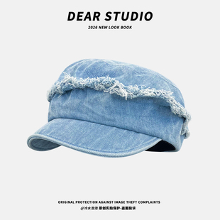 日系复古水洗毛边牛仔贝雷帽子女2026春夏季新款百搭显脸小报童帽