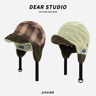 秋冬新款浅绿色羊羔绒飞行帽子女冬季双面戴格纹护耳帽保暖雷锋帽