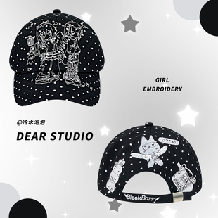 韩系波点女孩刺绣弯檐棒球帽子女甜酷百搭宽帽檐显脸小软顶鸭舌帽