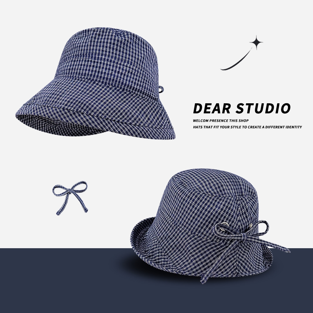 韩系甜美藏青格子渔夫帽子女夏季大檐卷边遮阳防晒蝴蝶结绑带盆帽