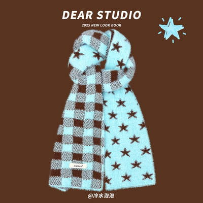 古早五角星蓝色格纹仿貂毛绒围巾