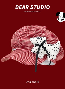 日系y2k斑点小狗复古八角帽子女夏季甜美百搭大头围显脸小云朵帽