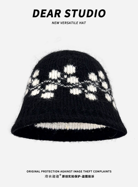 韩版黑色提花针织帽子女秋冬季显脸小保暖防寒毛线帽大头围包头帽