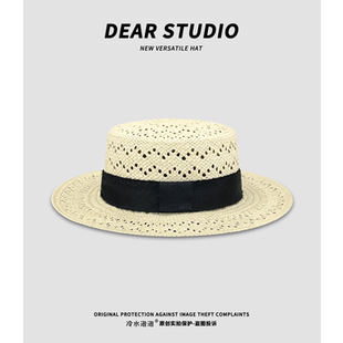 法式 海边度假平顶礼帽手工编织防晒帽 优雅小香风镂空草帽子女夏季