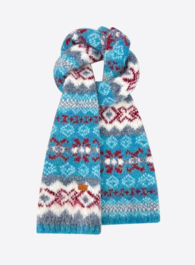 2025新款费尔岛复古蓝色针织围巾女秋冬季韩系氛围感学生保暖围脖