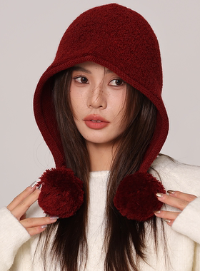 100%羊毛巴拉克拉法帽子女秋冬季百搭加厚保暖毛球显脸小护耳帽潮