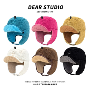 韩系多巴胺花朵刺绣雷锋帽子女冬季保暖羊羔绒飞行帽百搭护耳帽潮