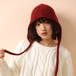 2025新款小红帽纯羊毛针织帽秋冬可系带包头帽子女百搭保暖护耳帽
