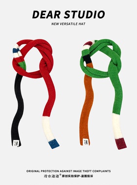 2025新款条纹拼色细窄长条围巾女秋冬季复古百搭腊肠针织毛线围脖