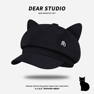 日系可爱猫耳八角帽子女春夏季新款甜美百搭显脸小报童帽贝雷帽潮