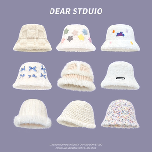 日系兔毛针织毛绒渔夫帽子女秋冬季加厚保暖护耳百搭显脸小毛线帽