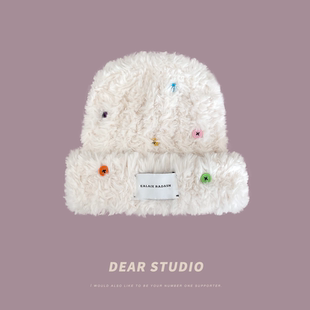 白鹿同款韩版百搭纽扣毛绒针织帽子女秋冬季加厚保暖情侣毛线帽潮