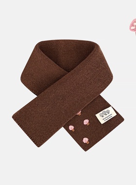日系复古棕色小蘑菇刺绣交叉围脖女冬季甜美百搭保暖毛线小围巾潮
