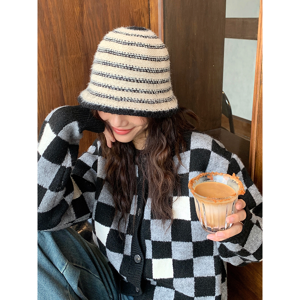 水桶帽逛街休闲男女秋冬毛绒条纹