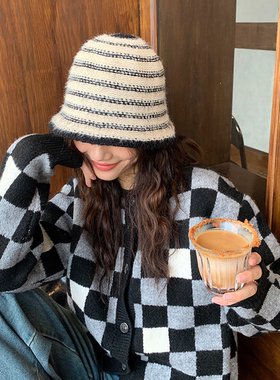 韩版条纹拼色毛绒水桶帽子女秋冬季素颜遮脸保暖显脸小针织渔夫帽