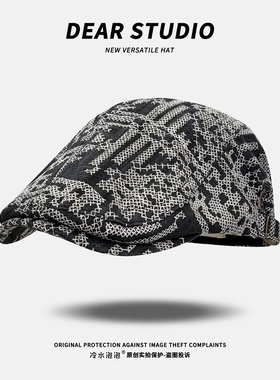 韩系复古黑色小众线条刺绣前进帽子女百搭显脸小鸭舌贝雷帽画家帽