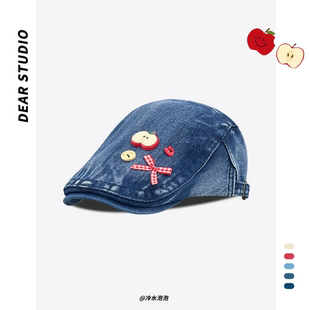 可爱蝴蝶结苹果牛仔前进帽子女春夏甜美百搭显脸小反戴鸭舌画家帽
