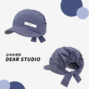 韩国新款格子头巾鸭舌帽子女夏季薄款防晒可折叠平檐包头棒球帽潮