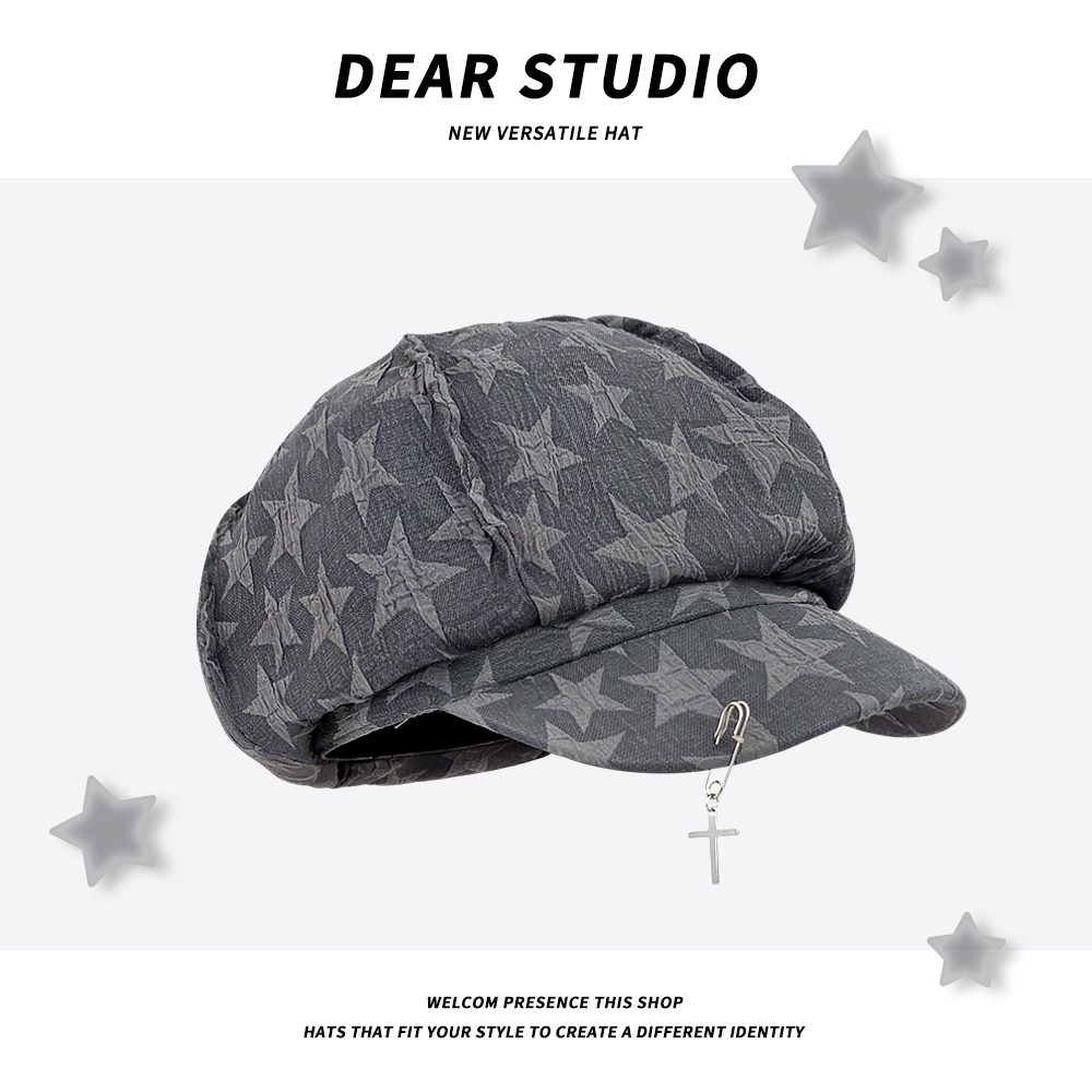 日系y2k亚文化星星八角帽子女春夏季凸造型百搭显脸小装饰贝雷帽