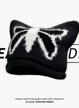 蝴蝶结刺绣针织猫耳毛线帽子女秋冬季可爱保暖护耳百搭套头帽冷帽