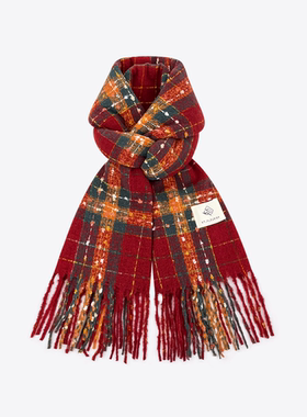满目星河红色格子仿羊绒围巾女圣诞浆果星星秋冬季加厚氛围感围脖