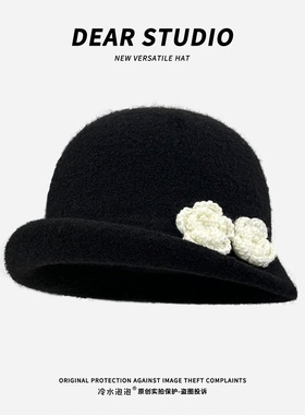 韩系ins花朵针织贝雷帽子女秋冬季2025新款留洋千金风报童帽礼帽