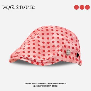 韩系粉色波点前进帽子女春夏季 百搭显脸小反戴报童帽鸭舌贝雷帽潮