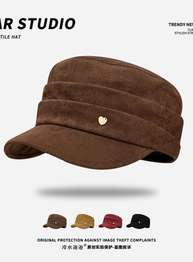 2025新款麂皮褶皱马术平顶帽子女秋冬季复古休闲百搭显脸小报童帽