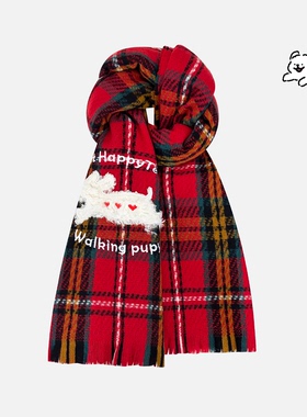 可爱小狗红色格子围巾女冬季韩系防寒保暖学院风护颈披肩情侣围脖