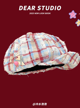 韩系ins格纹星星云朵贝雷帽子女春夏甜美百搭显脸小八角帽画家帽