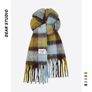 苔藓森林 秋冬氛围感保暖围脖 韩系格纹马海毛流苏围巾女2025新款