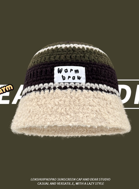 韩版复古撞色小标毛绒渔夫帽秋冬显脸小针织水桶帽大头围毛线帽潮