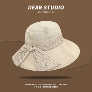 韩版 蝴蝶结双纱圆顶渔夫帽女夏素颜百搭遮阳透气防晒盆帽 气质时尚