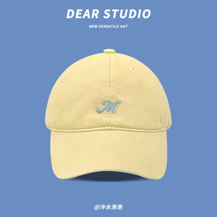 韩系小清新简约字母刺绣棒球帽子女夏季 百搭奶黄色情侣鸭舌帽 时尚