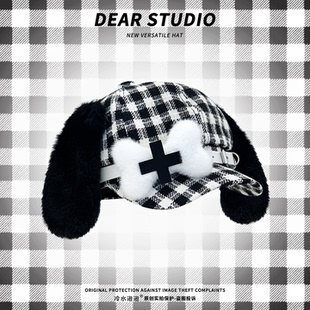 日系原创亚文化毛绒小狗骨头八角帽子女可爱宅系二次元格纹贝雷帽