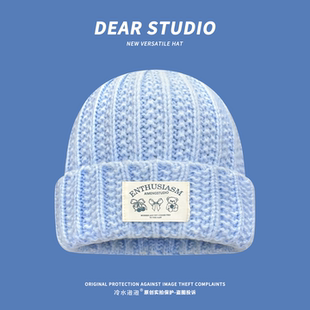 韩版ins小熊贴布蓝色显白针织帽子女秋冬季宽松百搭显脸小套头帽