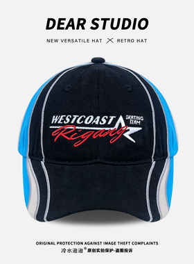 美式运动拼色字母刺绣棒球帽女春秋季潮牌弯檐大头围深顶鸭舌帽子