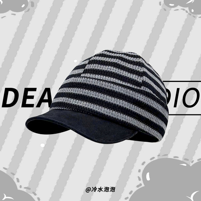 新款复古条纹针织鸭舌帽女冬保暖