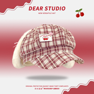 日系可爱兔耳八角帽子女夏季新款出游甜美百搭大头围显脸小贝雷帽