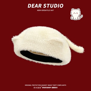 日系可爱毛绒猫耳贝雷帽子女秋冬季保暖大头围显脸小画家帽蓓蕾帽