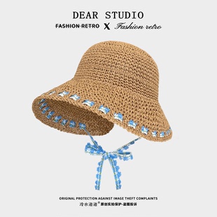 2026新款 大檐遮阳防晒帽沙滩度假太阳帽 小清新碎花丝带草帽女夏季