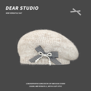 日系甜美黑白格子蝴蝶结毛线贝雷帽子女秋冬文艺显脸小蓓雷画家帽