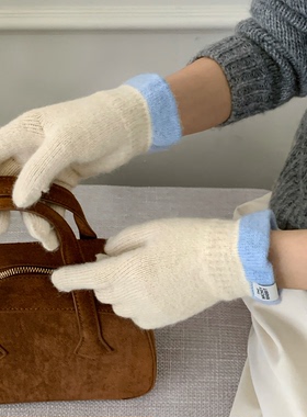 多巴胺拼色毛线手套女2025冬季新款防寒保暖骑行触屏针织手套百搭