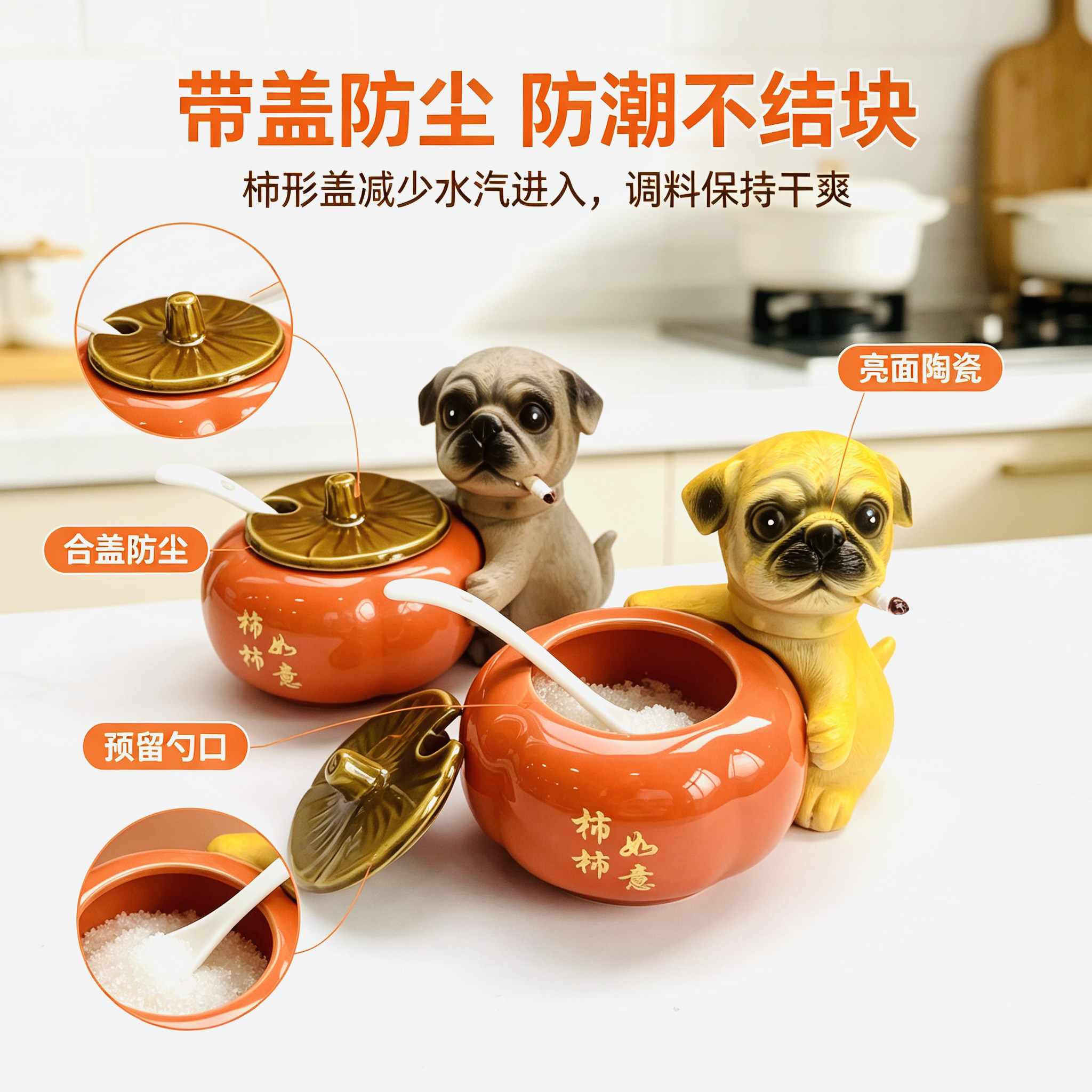 巴哥犬陶瓷带盖调味罐乔迁礼物
