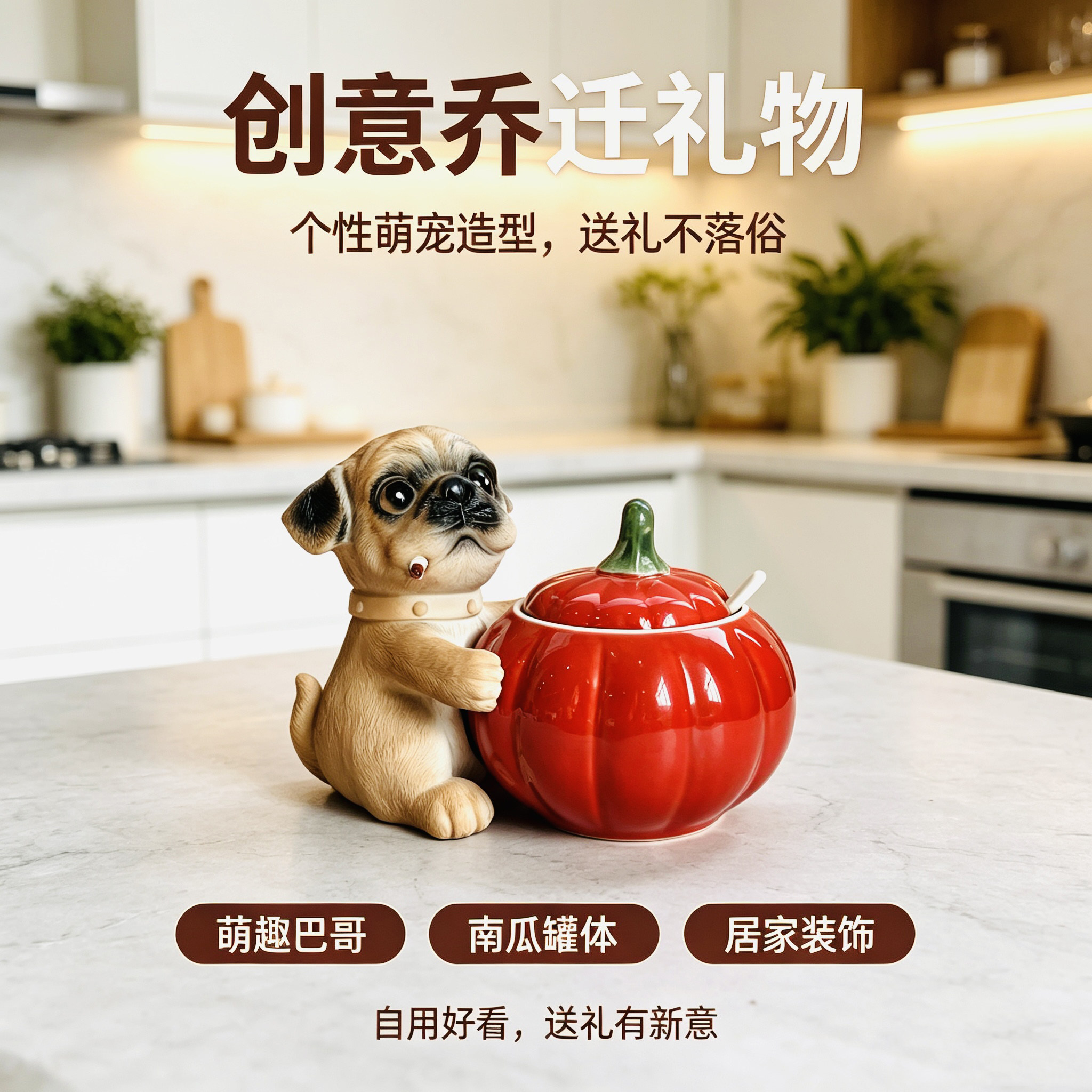 可爱巴哥狗陶瓷南瓜调味罐带勺