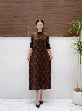 A254咖色提花气质秋冬轻奢针织连衣裙时尚复古时尚长裙玥玥羊