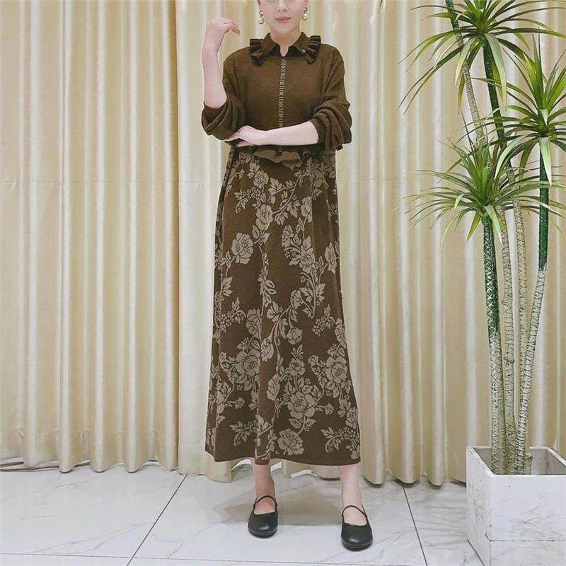 2026咖色花叶提花拼接设计款羊毛气质秋冬轻奢针织连衣裙,女装/女士精品,连衣裙,淘宝优惠券,粉丝福利购,淘宝优惠卷