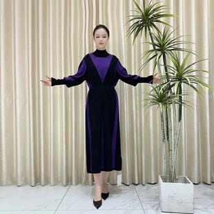 玥玥羊9796紫黑拼色抽绳设计款 轻奢针织连衣裙时 羊毛气质秋冬长款