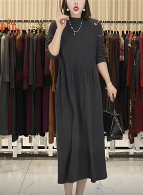 玥玥羊A143灰色立体织花设计款气质秋冬轻奢针织连衣裙时尚复古